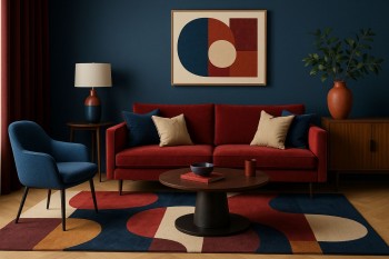 Interior apartemen modern dengan enam tema dekorasi unik. Kombinasi warna merah marun, biru tua, dan krem menciptakan suasana elegan dan hangat.