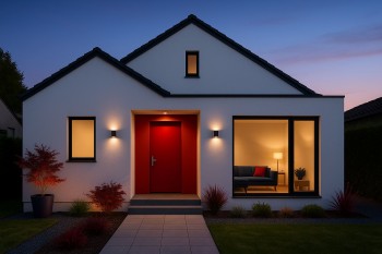 Rumah minimalis modern dengan pencahayaan lembut saat senja, menampilkan desain fasad sederhana, warna aksen merah, biru, dan abu elegan.