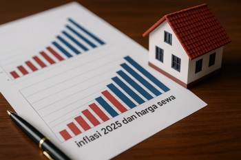 Grafik tren inflasi 2025 dan harga sewa hunian di Jawa Barat dengan miniatur rumah di atas meja kayu, mewakili dampak ekonomi dan properti.