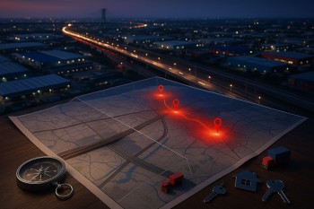 Peta visual permintaan sewa kawasan industri di koridor Bekasi–Karawang, gudang modern, jalan tol menyala, tanpa manusia, komposisi sinematik.