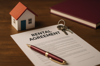 Konsep visual klausul penting kontrak sewa menampilkan dokumen perjanjian, kunci rumah, dan miniatur hunian di atas meja kayu. Fokus pada detail hukum dan elemen properti dengan pencahayaan lembut.