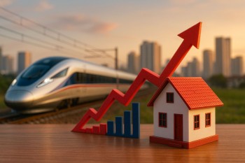 Visual ultra-realistis yang menggambarkan dampak TOD terhadap harga lahan dan sewa di Bandung Raya, menampilkan kereta cepat Whoosh berlatar gedung perkotaan saat senja.