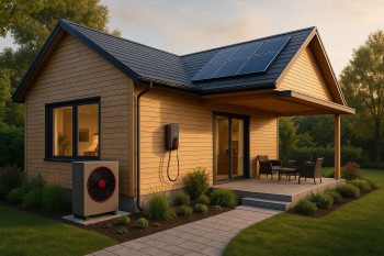 Rumah ramah lingkungan modern dengan panel surya dan taman hijau, menampilkan fitur hemat energi efektif dalam desain arsitektur berkelanjutan.