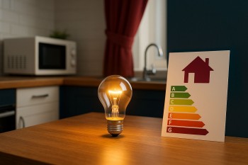 Interior dapur modern dengan pencahayaan lembut menampilkan bola lampu menyala dan grafik efisiensi energi, menggambarkan tips hemat energi rumah secara visual.
