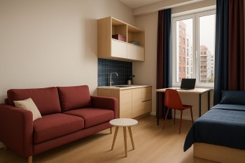 Interior hunian modern bergaya minimalis dengan tata ruang multifungsi dan efisien, menggambarkan preferensi hunian Gen Z yang fungsional dan hemat ruang.