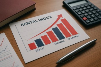 Analisis visual indeks sewa tiga kawasan industri Bekasi–Cikarang–Karawang dengan grafik bar berwarna merah dan biru, simbol pertumbuhan dan perubahan kuartalan.