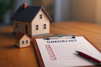 Checklist inspeksi rumah bekas di atas meja kayu dengan miniatur rumah, memperlihatkan detail penting untuk menilai kondisi properti sebelum pembelian.