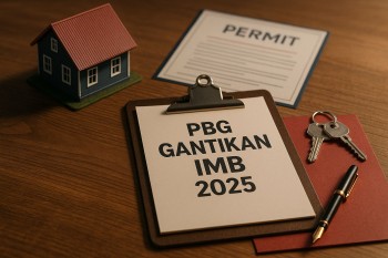 Ilustrasi meja kerja profesional dengan model rumah, dokumen izin bangunan, dan kunci, menggambarkan transisi PBG gantikan IMB 2025 di sektor properti.