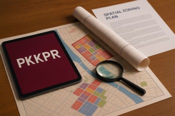 Peta digital dan dokumen zonasi ruang menampilkan proses PKKPR untuk cek kesesuaian tata ruang. Visual menunjukkan area perencanaan kota dengan pencahayaan lembut dan detail profesional.
