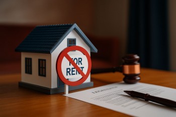 Miniatur rumah di atas meja kayu dengan tanda larangan sewa, palu hakim, dan dokumen kontrak, menggambarkan konsep larangan sewa menyewa ulang di Indonesia.