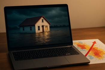 Laptop menampilkan rumah terendam banjir, di sampingnya peta risiko banjir berwarna merah dan biru dengan panah tren naik, menggambarkan hubungan antara banjir dan nilai sewa hunian.