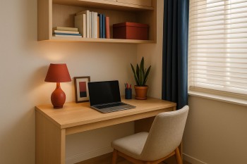 Desain ruang kerja kecil di rumah dengan meja kayu minimalis, pencahayaan lembut, dan dekorasi hangat. Menampilkan konsep efisien untuk unit di bawah 60 m².