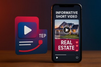 Studio konten digital tanpa manusia menampilkan smartphone di atas meja kayu dengan layar video properti berformat pendek, warna aksen merah, biru tua, dan merah terang, menggambarkan tren video pendek informatif di media sosial.