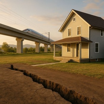 Jembatan rel kereta cepat di koridor Bandung–Jakarta melintas di atas lahan dengan retakan tanah, menggambarkan potensi subsiden tanah koridor HSR di tengah lanskap hijau dan pencahayaan senja lembut.