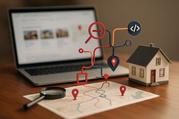 Visual data terstruktur listing properti untuk memunculkan rich result dan hasil lokal. Ikon peta, node skema, dan rumah mini menegaskan konteks pencarian properti.