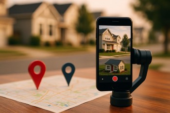 Video pendek untuk riset lokasi hunian, menyorot rekaman lingkungan, akses jalan, dan penanda peta. Sinematik, tanpa manusia, cahaya lembut.