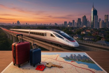 Koridor Bandung–Jakarta pasca WHOOSH; kereta cepat melintas di viaduk dengan latar skyline, peta rute, dan elemen perjalanan; menyorot efek ke pasar sewa.