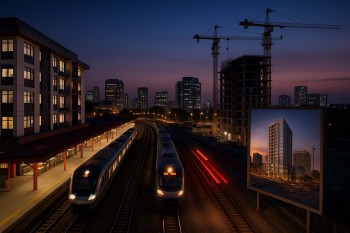 TOD aktif vs rencana di area stasiun; peron, rangkaian kereta bergerak, dan tapak konstruksi dengan crane—menunjukkan perbedaan aktivitas dan potensi nilai sewa.