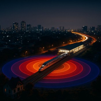 Analisis sewa sekitar WHOOSH dengan heatmap radius premium di sekitar stasiun kereta cepat pada malam hari, menyorot kawasan hunian dan aksesibilitas.