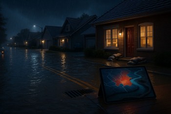 Panorama perumahan pada malam hujan dengan genangan air memantulkan lampu jalan; fokus pada musim hujan risiko banjir bagi penyewa rumah, tanpa manusia.