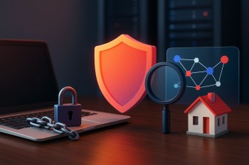 Representasi kebijakan antispam Google terbaru untuk strategi SEO properti: perisai keamanan, jejak tautan terkurasi, dan rumah mini di meja kerja berestetika profesional, tanpa teks.