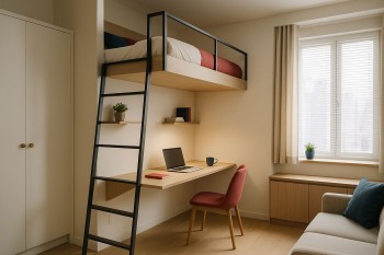 Desain unit mungil WFH dengan tata letak efisien: meja terapung di bawah loft bed, pencahayaan lembut, aksen #920338 #0e3279 #de1a32.