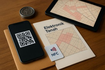 Sertipikat elektronik tanah 2025 dengan peta bidang, smartphone menampilkan QR, kartu NFC, dan tablet peta; pencahayaan lembut tanpa manusia.