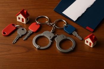 Ilustrasi aturan subletting sewa ulang: dua set kunci, miniatur rumah, borgol, dan map berwarna aksen #920338, #0e3279, #de1a32 di atas meja kayu.