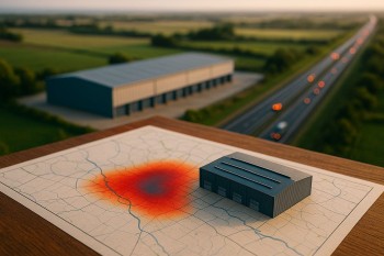 Peta panas permintaan sewa Bekasi–Karawang dengan model gudang dan jalur tol terlihat memanjang di kejauhan; komposisi sinematik, tanpa manusia.