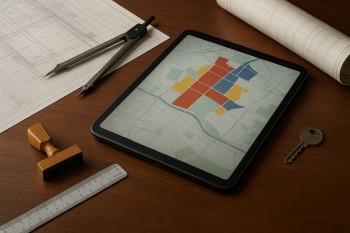 Cek kesesuaian tata ruang dengan peta zonasi di tablet, denah teknis, kompas, penggaris, dan stempel, tanpa teks dan tanpa manusia, pencahayaan lembut.