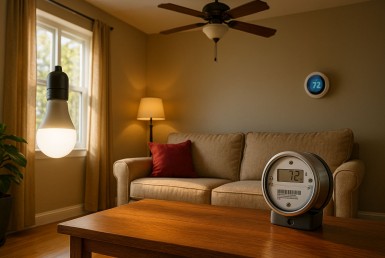 Interior rumah hemat energi dengan lampu LED, termostat pintar, dan kipas langit-langit sebagai simbol kebiasaan efisiensi energi rumah.