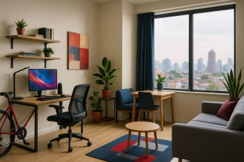 Ilustrasi hunian sewa modern bergaya urban yang merepresentasikan preferensi Gen Z hunian di kota besar Jawa Barat.