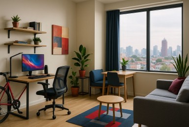 Ilustrasi hunian sewa modern bergaya urban yang merepresentasikan preferensi Gen Z hunian di kota besar Jawa Barat.