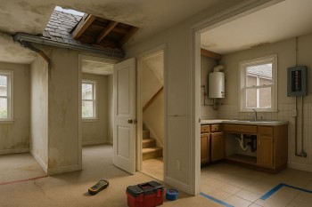 Foto ultra-realistis orientasi landscape menampilkan suasana inspeksi rumah bekas mendalam tanpa manusia: atap bocor, retakan dinding, panel listrik terbuka, pipa bocor, jejak lembap.