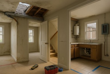 Foto ultra-realistis orientasi landscape menampilkan suasana inspeksi rumah bekas mendalam tanpa manusia: atap bocor, retakan dinding, panel listrik terbuka, pipa bocor, jejak lembap.