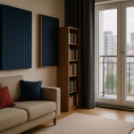 Interior apartemen dengan panel akustik dan tirai tebal untuk meningkatkan privasi dan mengurangi kebisingan hunian, menonjolkan suasana tenang.