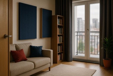 Interior apartemen dengan panel akustik dan tirai tebal untuk meningkatkan privasi dan mengurangi kebisingan hunian, menonjolkan suasana tenang.