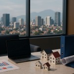 Ilustrasi realistis ruang kerja analisis properti menyorot indeks sewa triwulanan Jabar dengan pendekatan hedonic sederhana, tanpa teks dan tanpa manusia.