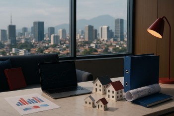 Ilustrasi realistis ruang kerja analisis properti menyorot indeks sewa triwulanan Jabar dengan pendekatan hedonic sederhana, tanpa teks dan tanpa manusia.