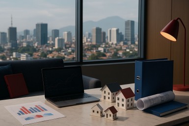 Ilustrasi realistis ruang kerja analisis properti menyorot indeks sewa triwulanan Jabar dengan pendekatan hedonic sederhana, tanpa teks dan tanpa manusia.