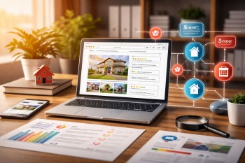 Ilustrasi optimasi data terstruktur listing properti pada platform digital untuk rich result pencarian lokal.