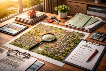 Ilustrasi due diligence lokasi properti dengan peta wilayah, dokumen pertanahan, dan analisis kawasan hunian di Jawa Barat.