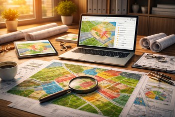 Meja kerja dengan peta zonasi dan perangkat digital untuk cek pkkpr kesesuaian tata ruang sebelum transaksi properti.