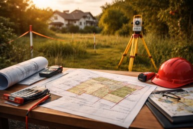 Ilustrasi alat ukur survei dan peta bidang untuk mencegah sengketa batas tanah properti sebelum akad