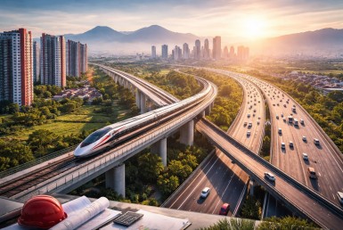 Ilustrasi koridor Bandung–Jakarta dengan kereta cepat dan jalan tol modern yang menunjukkan dampak infrastruktur terhadap harga properti.