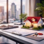 Ilustrasi suasana kerja profesional bertema etika konten properti AI: miniatur rumah, dokumen, dan perangkat kerja dengan pencahayaan lembut tanpa manusia.