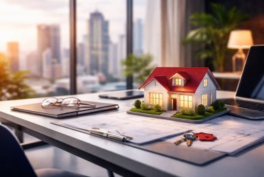 Ilustrasi suasana kerja profesional bertema etika konten properti AI: miniatur rumah, dokumen, dan perangkat kerja dengan pencahayaan lembut tanpa manusia.