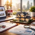 Meja kerja agen properti dengan miniatur rumah, dokumen legal, kunci, dan laptop listing—mewakili transparansi informasi listing properti berbasis schema.org.