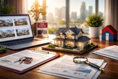 Meja kerja agen properti dengan miniatur rumah, dokumen legal, kunci, dan laptop listing—mewakili transparansi informasi listing properti berbasis schema.org.