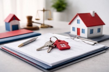 Ilustrasi minimalis dokumen transaksi rumah dan kunci sebagai simbol berkas wajib AJB baliknama untuk proses balik nama